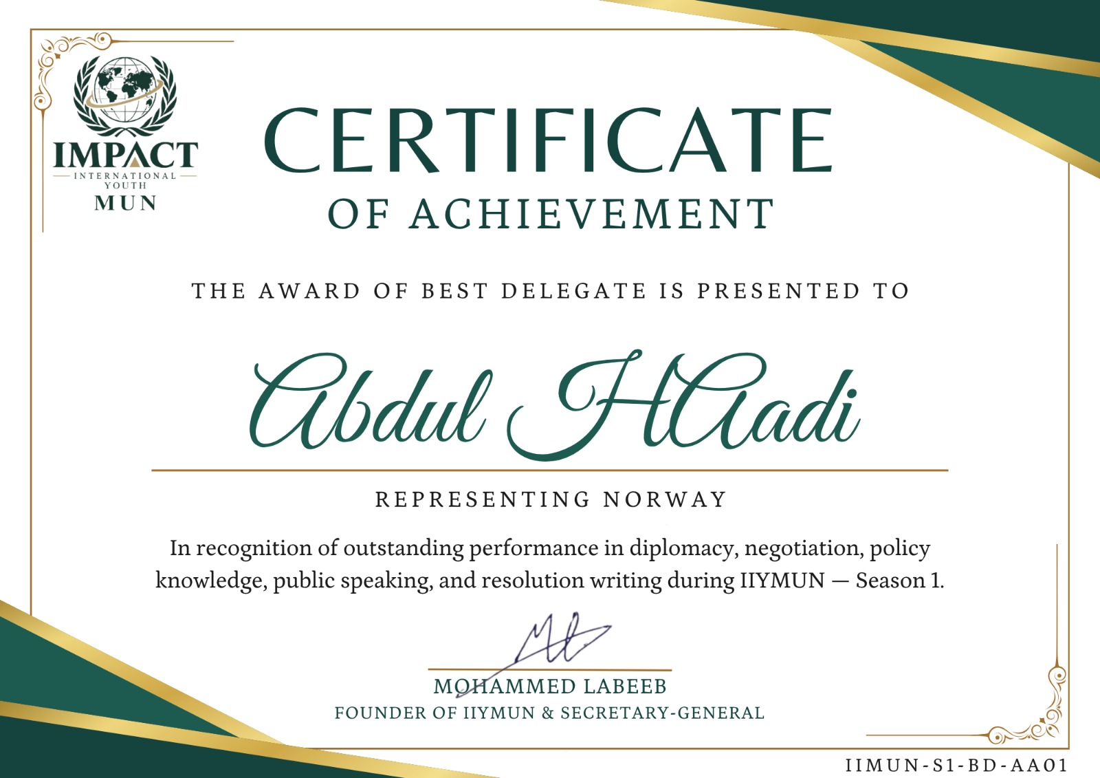 Best Delegate certificate preview