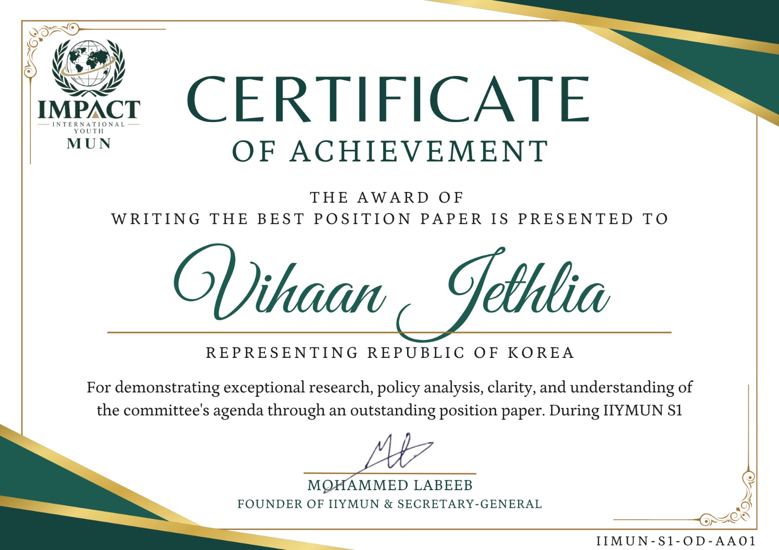 Best Position Paper certificate preview